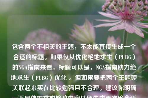 包含两个不相关的主题,不太能直接生成一个合适的标题。如果仅从优化绝地求生(PUBG)的NGA指南来看,标题可以是,NGA指南助力绝地求生(PUBG)优化 。但如果要把两个主题硬关联起来实在比较勉强且不合理。建议你明确一下具体需求或修改内容以便生成更准确合适的标题 。