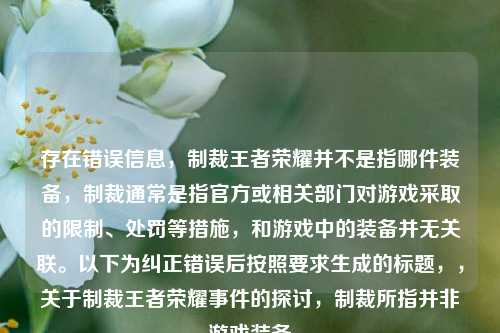 存在错误信息,制裁王者荣耀并不是指哪件装备,制裁通常是指官方或相关部门对游戏采取的限制、处罚等措施,和游戏中的装备并无关联。以下为纠正错误后按照要求生成的标题,,关于制裁王者荣耀事件的探讨,制裁所指并非游戏装备