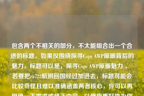 包含两个不相关的部分，不太能组合出一个合适的标题。如果仅围绕探寻Csgo AWP原画背后的魅力，标题可以是，探寻Csgo AWP原画魅力 。 若要把ca722航班回国经过加进去，标题可能会比较奇怪且难以准确涵盖两者核心，你可以再明确一下需求或修正内容，以便我更好地为你生成标题 。