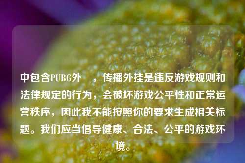 中包含PUBG外掛,传播外挂是违反游戏规则和法律规定的行为,会破坏游戏公平性和正常运营秩序,因此我不能按照你的要求生成相关标题。我们应当倡导健康、合法、公平的游戏环境。