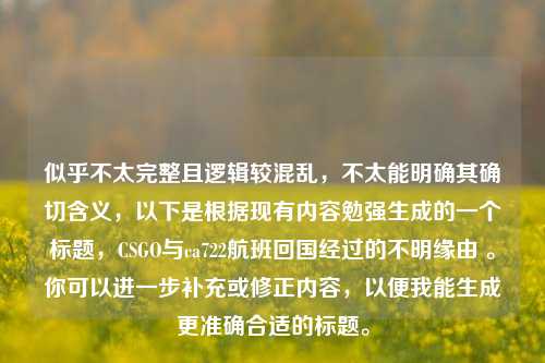 似乎不太完整且逻辑较混乱，不太能明确其确切含义，以下是根据现有内容勉强生成的一个标题，CSGO与ca722航班回国经过的不明缘由 。你可以进一步补充或修正内容，以便我能生成更准确合适的标题。