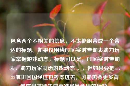 包含两个不相关的信息,不太能组合成一个合适的标题。如果仅围绕PUBG实时查询表助力玩家掌握游戏动态,标题可以是,PUBG实时查询表,助力玩家洞悉游戏动态 。,但如果要把ca722航班回国经过也考虑进去,可能需要更多背景信息才能生成更准确且合适的标题。