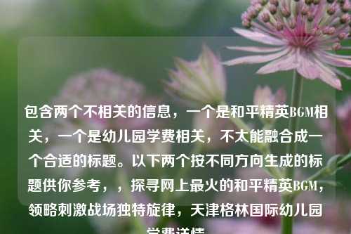 包含两个不相关的信息,一个是和平精英BGM相关,一个是幼儿园学费相关,不太能融合成一个合适的标题。以下两个按不同方向生成的标题供你参考,,探寻网上最火的和平精英BGM,领略刺激战场独特旋律,天津格林国际幼儿园学费详情