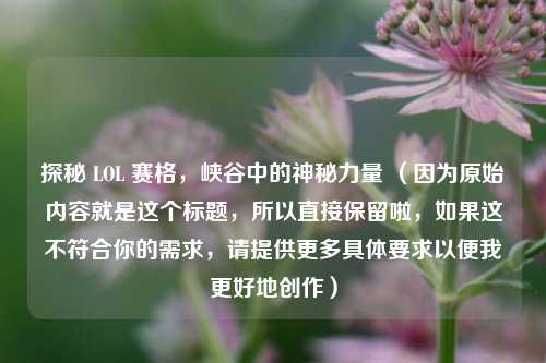 探秘 LOL 赛格，峡谷中的神秘力量 （因为原始内容就是这个标题，所以直接保留啦，如果这不符合你的需求，请提供更多具体要求以便我更好地创作）