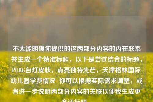不太能明确你提供的这两部分内容的内在联系并生成一个精准标题，以下是尝试结合的标题，PUBG台灯皮肤，点亮独特光芒，天津格林国际幼儿园学费情况  你可以根据实际需求调整，或者进一步说明两部分内容的关联以便我生成更合适标题 。