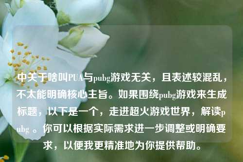 中关于啥叫PUA与pubg游戏无关，且表述较混乱，不太能明确核心主旨。如果围绕pubg游戏来生成标题，以下是一个，走进超火游戏世界，解读pubg 。你可以根据实际需求进一步调整或明确要求，以便我更精准地为你提供帮助。