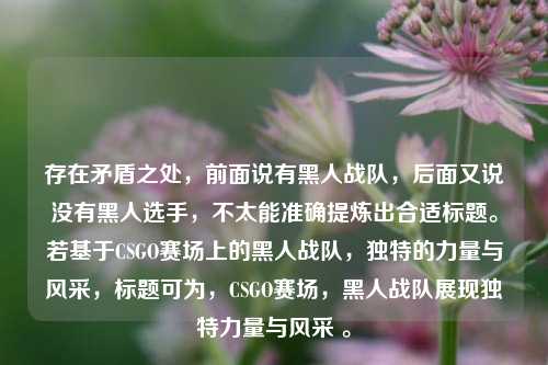 存在矛盾之处，前面说有黑人战队，后面又说没有黑人选手，不太能准确提炼出合适标题。若基于CSGO赛场上的黑人战队，独特的力量与风采，标题可为，CSGO赛场，黑人战队展现独特力量与风采 。