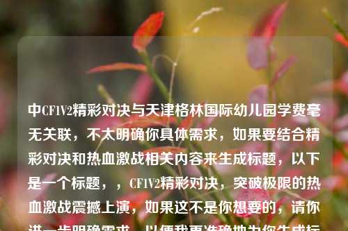 中CF1V2精彩对决与天津格林国际幼儿园学费毫无关联,不太明确你具体需求,如果要结合精彩对决和热血激战相关内容来生成标题,以下是一个标题,,CF1V2精彩对决,突破极限的热血激战震撼上演,如果这不是你想要的,请你进一步明确需求,以便我更准确地为你生成标题 。